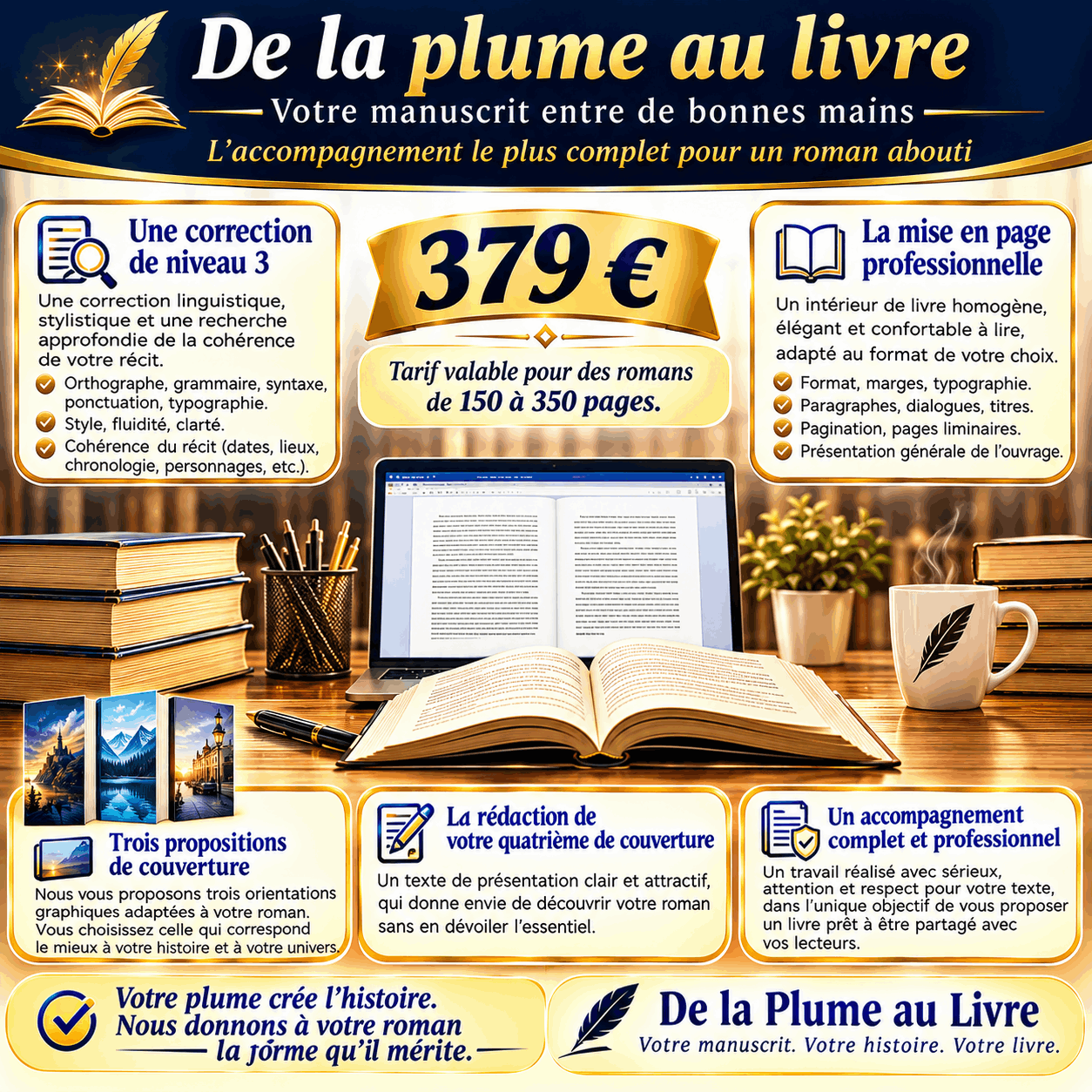 De la plume au livre : prestations de correction, mise en page et création graphique pour romancier.